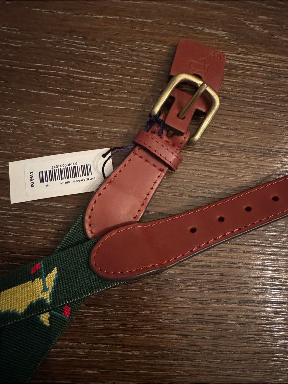 Masters Green Woven Belt with Brown Leather Trim